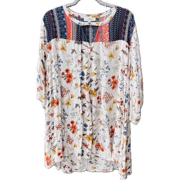 Umgee Floral Mini Dress Bell Sleeve Cream Mix Boho Size XL Mixed Print Peasant - Picture 2 of 11